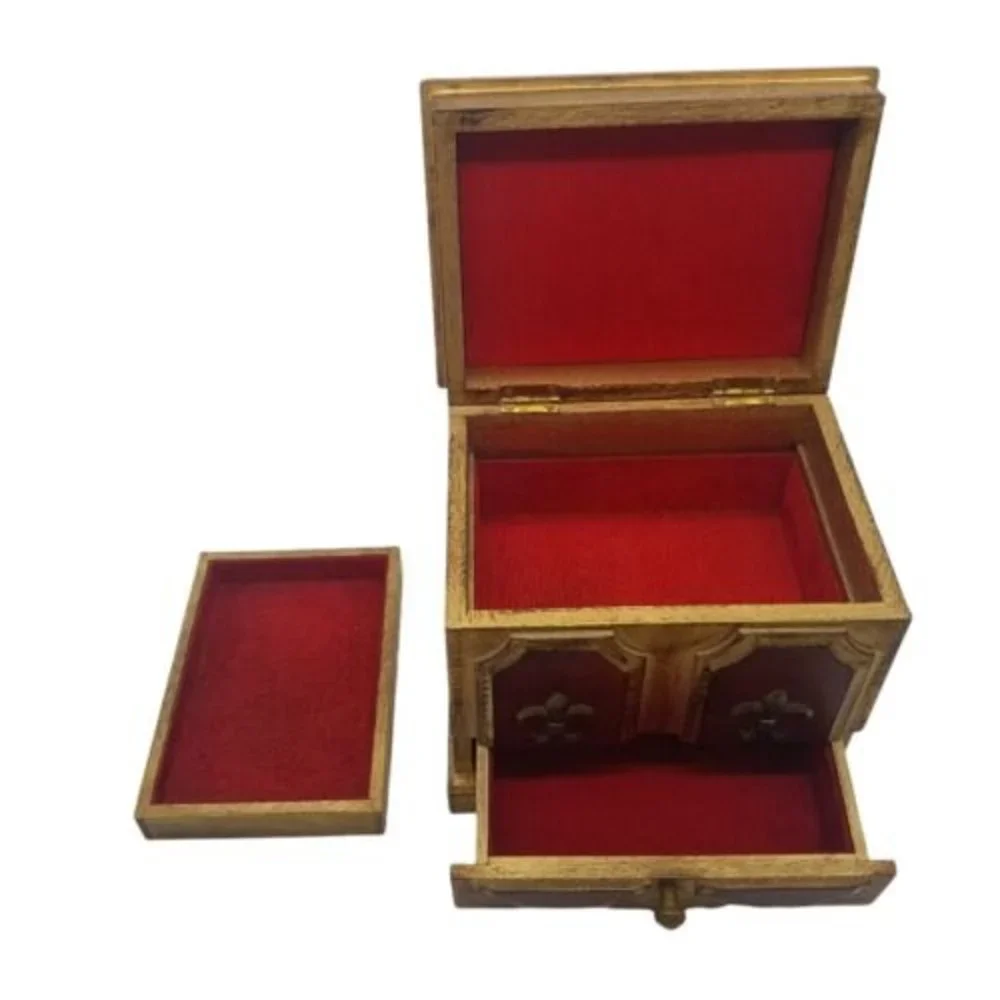 VTG Toyo Japan Wooden Jewelry Music Box Fleur de Lis 3 Drawer areas 7 X 7.5
